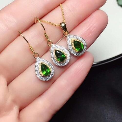 Natural Diopside Water Drop Earring Pendant Necklace Set S925 Fine Fashion Charming Wedding Jewelry for Women Free Shipping