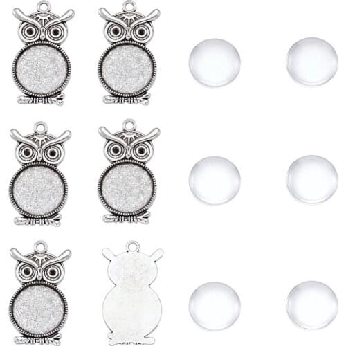 10 Sets 41mm Owl Pendant Charms Makings Sets with Alloy Cabochon Settings and Glass Cabochons DIY Jewelry Crafts