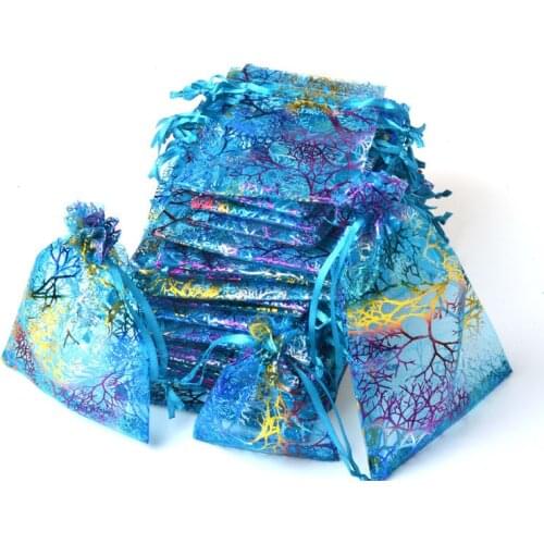 100pc 7x9cm Blue Multi Organza Jewelry Pouch-Organza Bags Wedding Party Favor Gift Drawstring Bags Packaging Party Pouches K39F