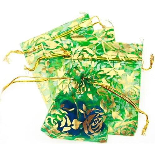 17*23cm 50pcs Green Golden Rose Gift Bags For Jewelry/wedding/christmas/birthday Yarn Bag With Handles Packaging Organza Bags