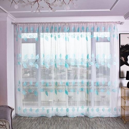 2pcs Household Modern Style Leaves Terry Cut Flowers Transparent Polyester Fabric With Curtain Rod Home Decoration Curtain