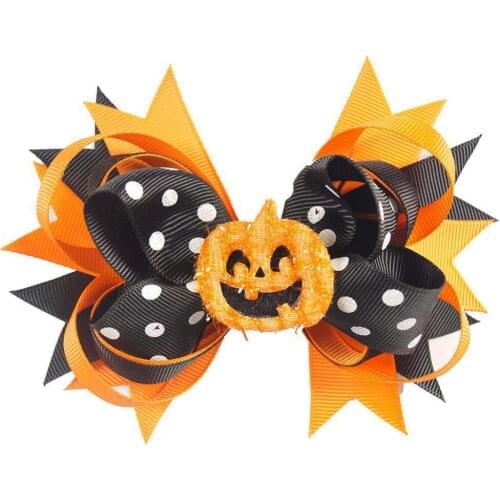 CN 3Pcs/lot 5'' Printed Polka Hair Bows Halloween Smile Pumpkin Hair Clips For Kids Girls Layered Festival Hair Accessories