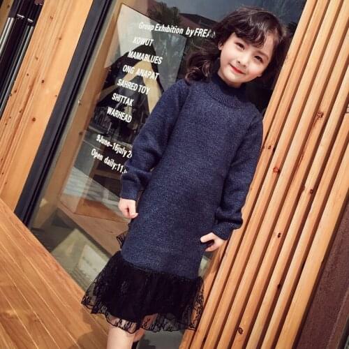 Girls Long Knitted Sweaters Dresses Spring Autumn Childrens Thickened Lace Spliced Sweaters Winter Teenager Kids One-Piece P256
