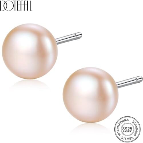 DOTEFFIL New Earrings Genuine Natural Freshwater Pearl 100% 925 Silver Stud Earrings Pearl Jewelry Women Wedding/Party Lady Gift