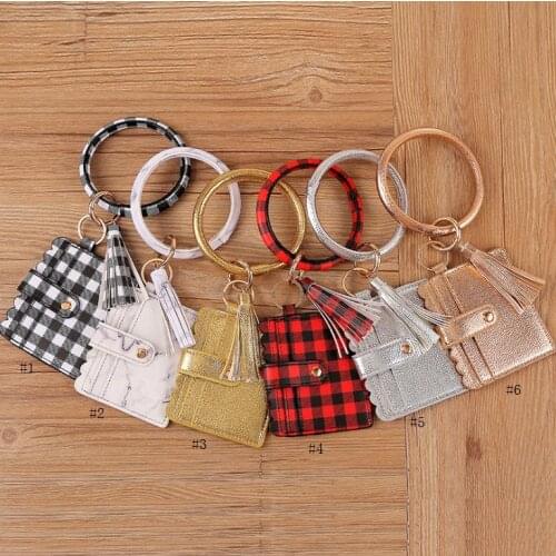 Hot Leather Bracelet Keychain Leopard Plaid PU Tassel Credit Card Wallet Wristlet Coin Purse Card bag Party Favor SN3095