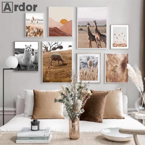 Reed Alpaca Giraffe Hot Air Balloon Canvas Painting Sun Mountain Bird Prints Nature Landscape Poster Nordic Picture Home Decor