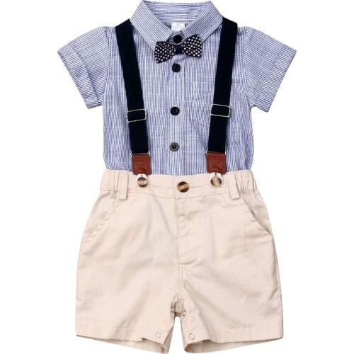 New Kids Boy Summer Stripe Short Sleeve Gentleman 2PCS Set Romper + Bib Pant Set