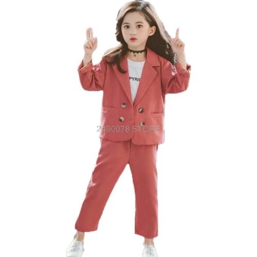 Girls Formal Wedding Suit Kids Jacket+Pants 2pcs Clothing Set Children Birthday Party Performance Costume Female School Blazer