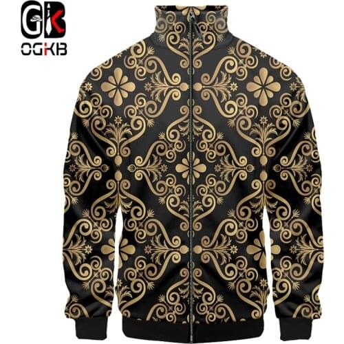 OGKB Baroque Court Style Stand Collar Zipper Jackets Mens 3d Print Crown Golden Flower Luxury Coat Women Plus Size Tracksuits