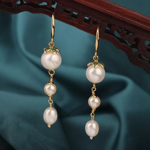 Summer Fashion Vintage Delicate Freshwater pearl Drop earrings Ethnic green Flower cloisonne Chinese style Jewelry for women