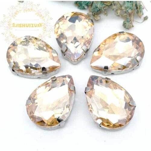 HOT!!! Champagne Water drop shape Glass Crystal sew on rhinestones with four claw Diy Clothing accessories Free shipping