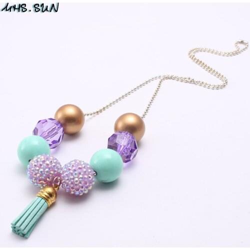 MHS.SUN 1PC Kids Girls Chunky Bubblegum Beads Necklace With Tassel Pendant Long Chain Jewelry Necklace For Children Party Gift