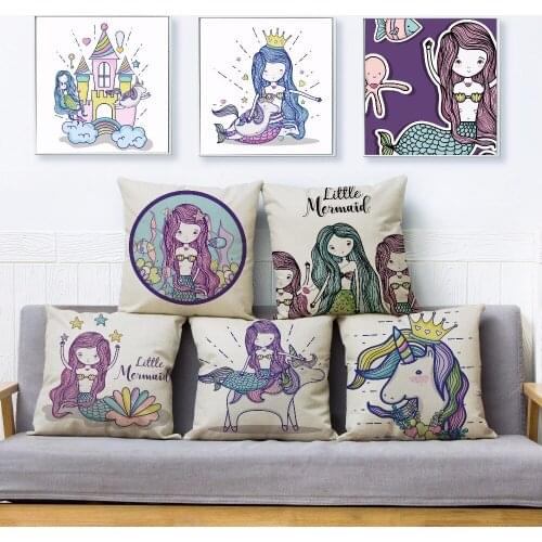 Cute Cartoon Mermaid Unicorn Print Throw Pillow Cover 45*45cm Square Cushion Covers Linen Pillow Case Home Decor Pillows Cases