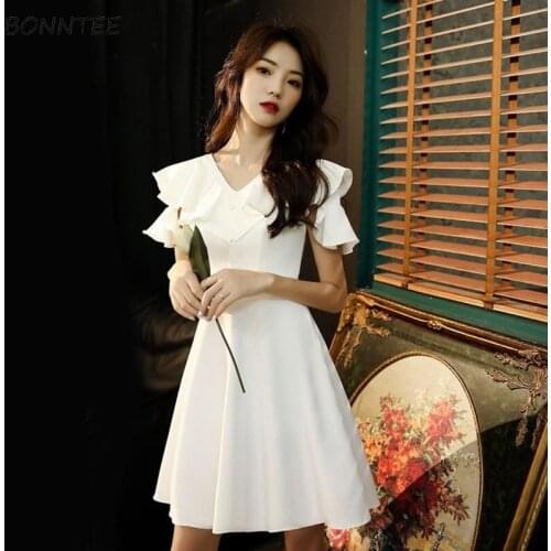 Mini Dresses Women Solid Elegant V-Neck Short Butterfly-sleeve High Waist Fashion A-line French Princess Style Summer All-match