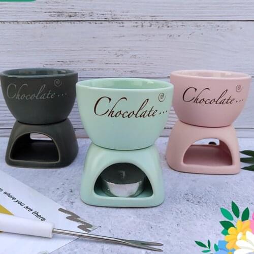 Chocolate Cheese Fondue Set Ceramic Free Fork Candle Warmer Pot Stand Chocolate Fondue Porcelain Melting Pot Home Cooking DIY