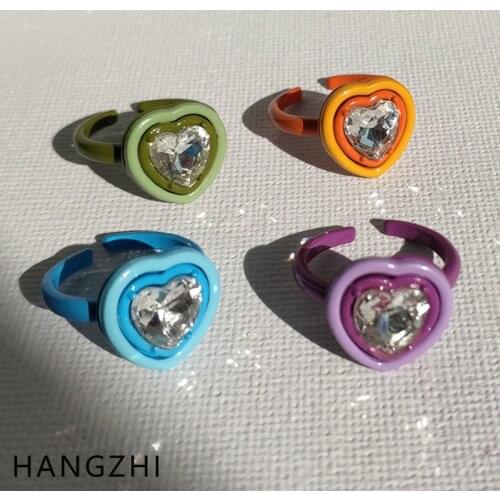 HANGZHI INES 2021 New Heart Love Rhinestone Inlay Candy Color Spray Paint Open Finger Rings for Women Girls Party Trendy Jewelry