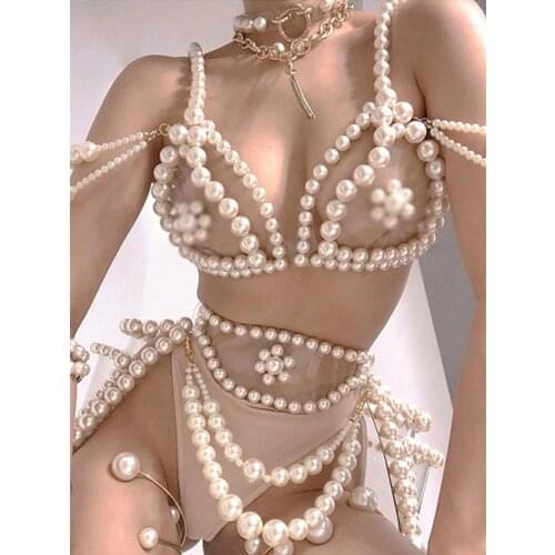 Sexy White Pearl Bikini Suit Women Nightclub Pole Dance Performance Costume Bar Ds Gogo Stage Rave Outfit Party Dancer Clothes