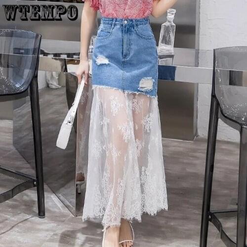 Blue Ripped Jean Skirts Tulle Lace Patchwork High Waist Harajuku Denim Skirt Plus Size Slim Y2K Skirts Faldas Jupe Femme