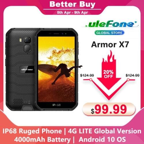 Ulefone Armor X7 Android10 Rugged Mobile Phone 5.0inch Waterproof Smartphone Cell Phone 2GB 16GB IP68 Quad-core NFC 4LTE Global