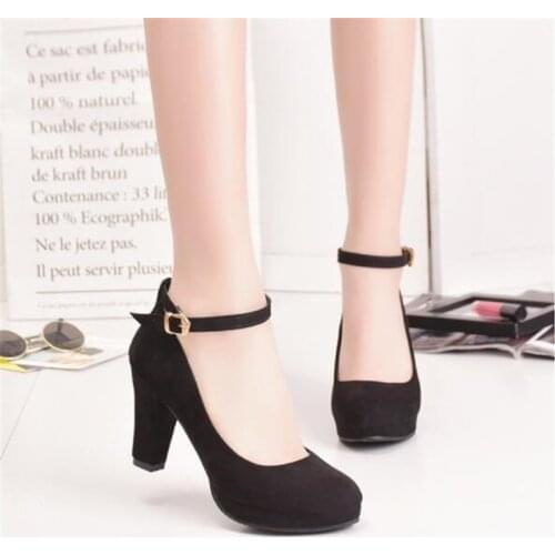 Womens Fashion Pumps Sweet Woman Thick High Heels Ankle Strap Flock Female Platform Mary Jane Women Shoes Ladies Footwear