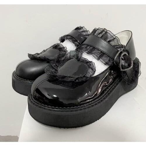 Women Lolita Lace Heart Round Toe Gothic Punk Pumps Shoes Platform Wedge Heel Creepers Japanese Harajuku Dark Cosplay A03