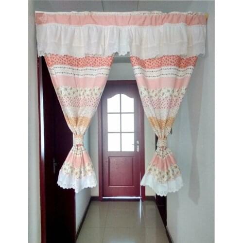 Southeast Asia Style Pink Floral Printed Splice Cotton White Lace Embroidered Door Curtain Princess Style Short Curtain 90*110cm