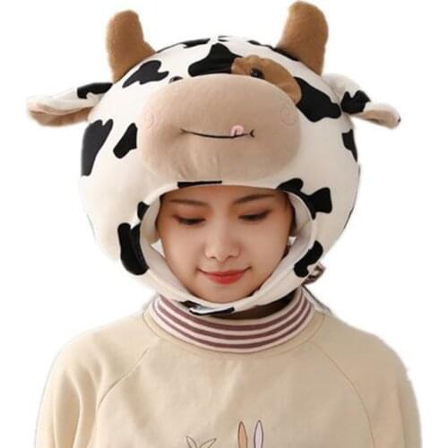 Funny Milk Cow Head Plush Hat Pillow Cosplay Cartoon Animal Stuffed Headgear Cap