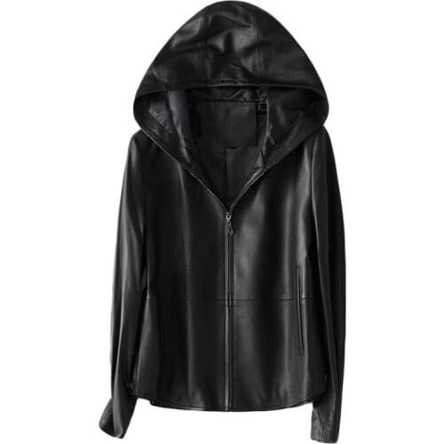 Hooded Women Genuine Leather Jacket Black Color Coat 100% Real Sheepskin Leather Jackets for Spring and Autumn Short Design with