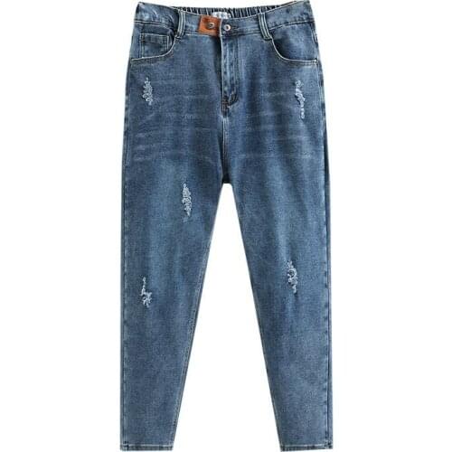 Plus size 5xl Elastic Waist women hole jeans Pencil Pants 2021 new spring autumn casual ladies blue pants female