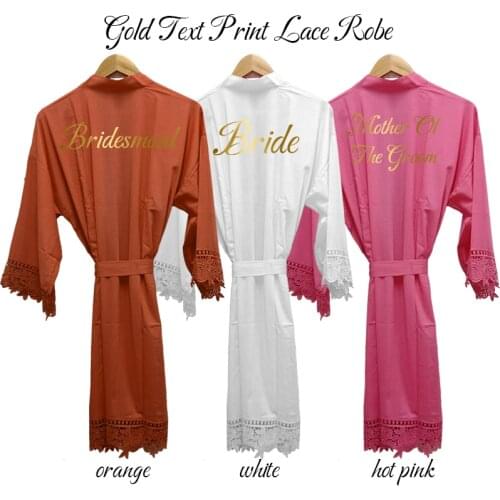 Women Wedding Robe Cotton Lace Robes Bride Robe Bridesmaid Robes Wedding Robe Sleepwear Robe Bridal Robe Gold Print Orange