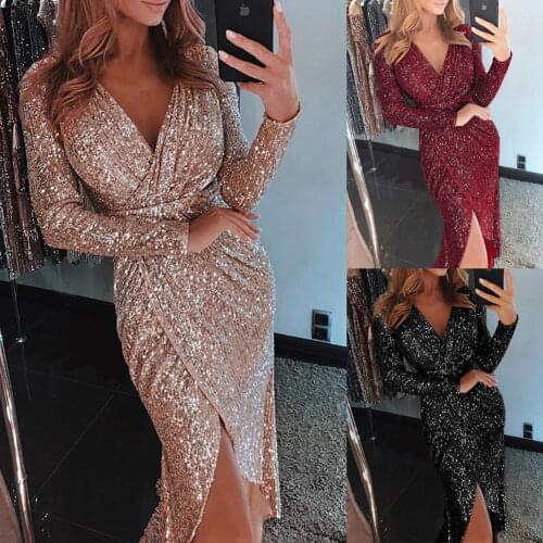 2019 Womens Long Sleeve Sexy V Neck Sequins Dress Evening Split Wrap Shiny Ladies Dress