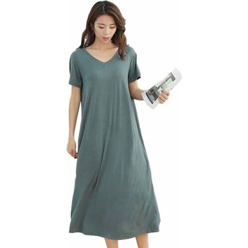 2019 summer thin Short sleeve Nightdress women Modal Loose large size maxi dresses V-neck Split hem Elegant Cozy dress female
