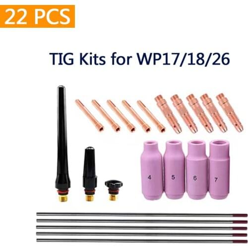 22PCS TiG WP-17/18/26 Tungsten electrode chuck body chuck ceramic nozzle short, medium and long tail kit welding accessories