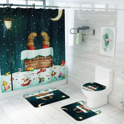 4 In1 Printed Polyester Waterproof and Mildewproof Shower Curtain Bathroom Rug Set Santa Claus Home Decor Anti-Slip Bath Mats