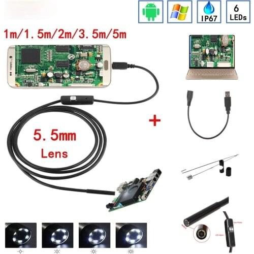 5.5mm Endoscope USB Mini Camera Flexible IP67 Waterproof Micro USB Inspection Borescope Camera For Android 6 LED Adjustable