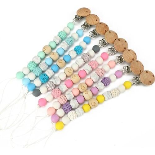 New Handmade Silicone Pacifier Chains Safe Teething Chain Baby Beech Wood Teether Eco-friendly Pacifier Clips Holder Chain