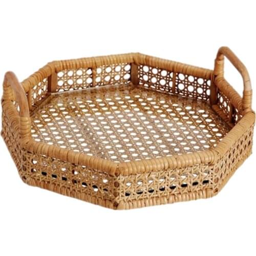 Trays decorative Handmade polygonal rattan tray with handle