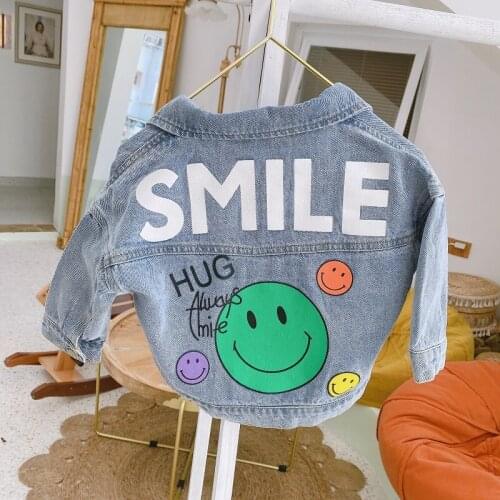2021 Autumn New Kids Boy Girl Fashion Full Sleeve Packet Letter Cartoon Smiley Denim Coat Jacket Toddler Kids Outwear Jeans Jean