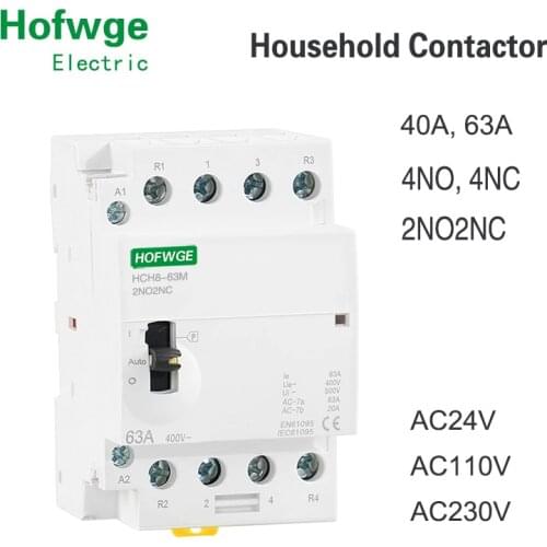 HCH8-63M 4P 40A 24V 110V 220V Din Rail Household AC Modular Contactor With Manual Control Switch 4NO 2NO2NC or 4NC