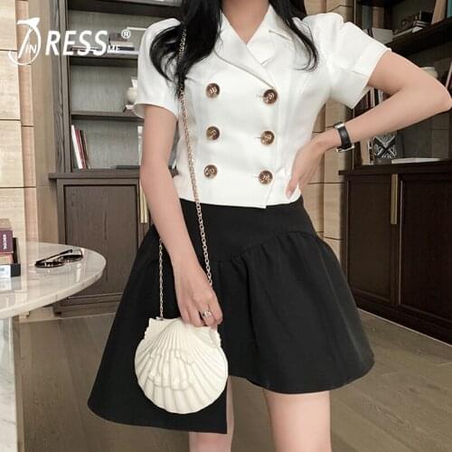 INDRESSME 2019 New Sets Double Breasted Collar Short Sleeves Tops With Asymmetrical Hem Skirt Office Lady Two-piece Set