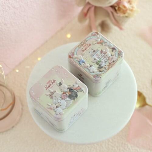 2Pc New Square Mini 3D Cartoon Rabbit 7.5 x 7.5 x 6.5cm Flower Tea Pill Lipstick Tin Storage Box Wedding Party Candy Gift Box