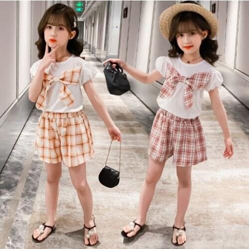 Girls Clothes Set Summer Teens Kids Clothing Children Sports Suit Fashion Plaid Bow T-shirt + Shorts Girls Sets Casual Outfits