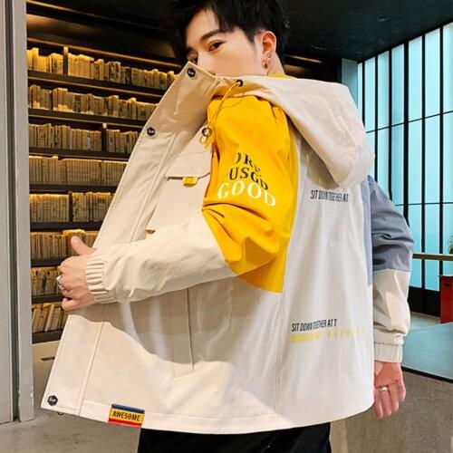 2021 New Arrival Hot Selling Mens Hooded Jacket Patchwork Coat Streetwear Zipper Tops Clothing Long Sleeve Loose Bomber Jacket