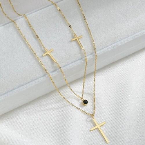 Wholesale Jewelry -- 2 line Chain Cross Pendant Necklaces for Women Titanium steel No Fade Gold / White