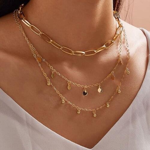 Docona Bohemian Gold Round Bead Sequins Tassel Necklace for Women Fashion Geometry Alloy Layered Choker Jewelry Collar 9965