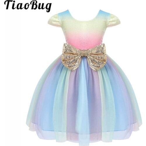 Princess Bow Flower Girl Dresses Sequins Tutu Rainbow Dress Children Wedding Party Dress For Girls Childrens New Year Clothes