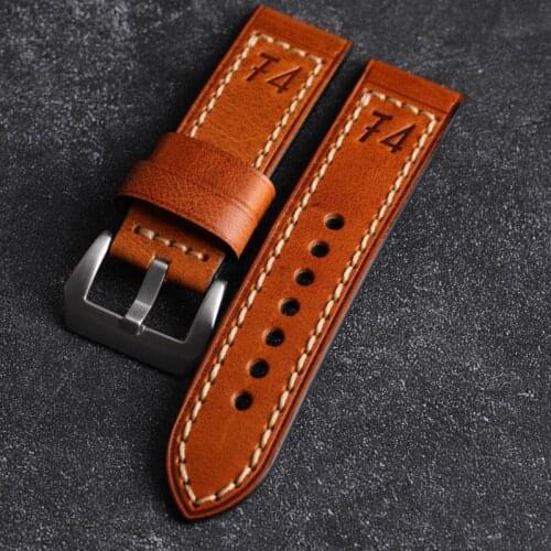 Handmade Leather Watchband 20 22 24 26MM For PAM111 441 Military Watch Men First Layer Cowhide Strap, Bronze Watch Strap