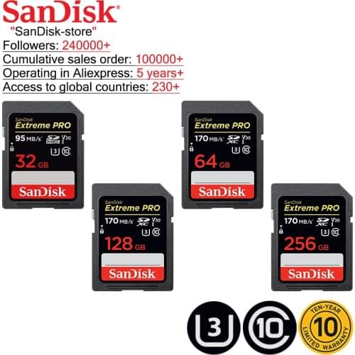 SanDisk Extreme PRO SD Card 32GB SDHC 95MB/S 64GB 128GB 256GB SDXC UHS-I U3 Class10 170MB/S Flash Memory Cards SD Memory Card