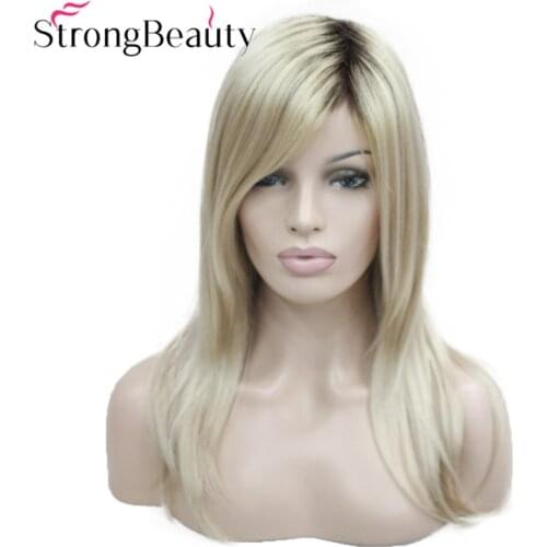 StrongBeauty Long Straight Wigs Womens Synthetic Wig Dark Roots Honey Blonde Hair Ombre Natural Wigs