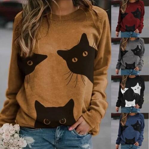 Womens New Sweatshirts Cute Cat Loose Long Sleeve O-Neck Pullover Sweatshirt Top Long Sleeve Pullovers Christmas Casual Warm